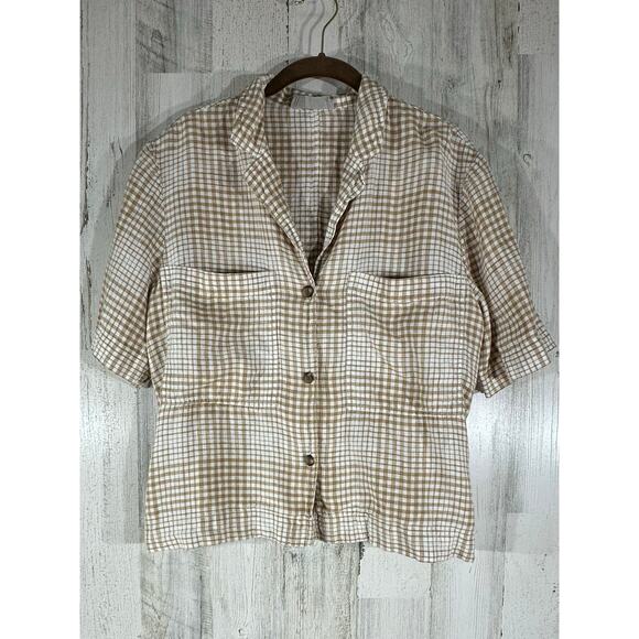 Everlane Tops - Everlane Button Up Top Size Medium Tan Plaid 100% Linen Pockets Boxy Loose Fit